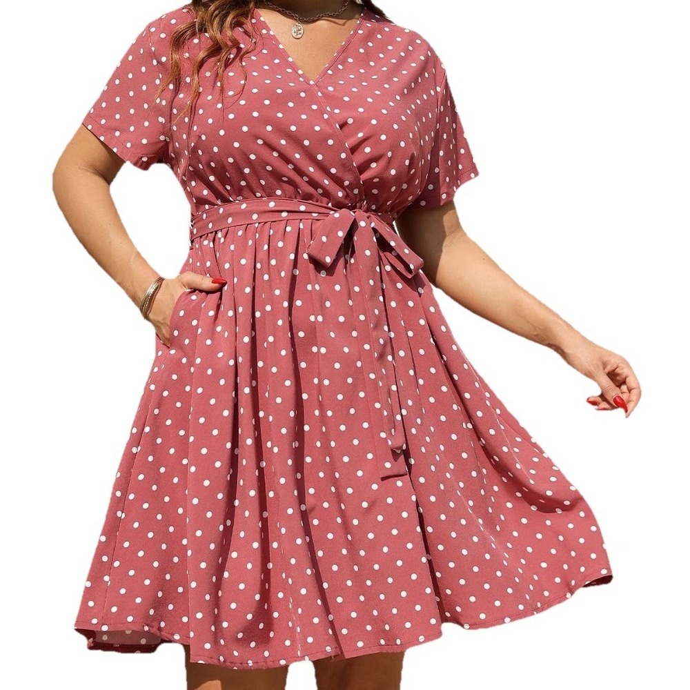 Nemidor Womens Plus Size 22 Polka Dot Wrap Dress Mauve Pink V-Neck Short Sleeve